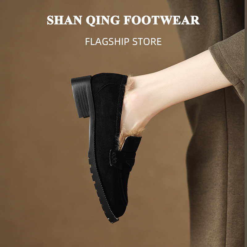 RECOMMENDED BY THE EXPERTS  TREASURE MODEL RABBIT FUR INSIDE FRENCH RETRO STYLE LOAFERS HEEL VERSATILE SMALL LEATHER SHOES WOMEN