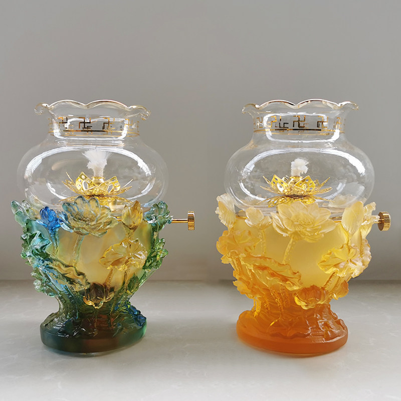 古法琉璃浮雕莲花调光酥油供佛灯