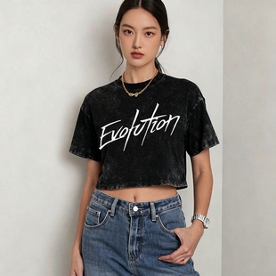 谢霆锋Evolution进化演唱会同款蝴蝶印花辣妹短款露脐短袖T恤女生