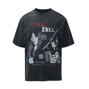 KILLBILL杀死比尔gogo印花Vintage街头做旧水洗Boxy宽松短袖T恤夏