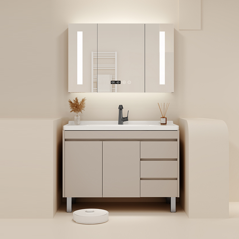 陶尔曼奶油智能浴室柜组合现代简约北欧落地式洗脸洗手盆柜卫浴