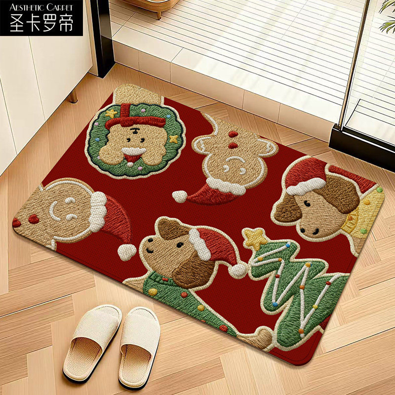 卡通圣诞仿亚麻浴室吸水地垫家用卫生间厕所门口脚垫入户防滑地毯