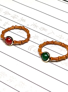 橄榄核竹节玛瑙绿玉髓戒指情侣对戒饰品弹力戒指中国风节节高升款