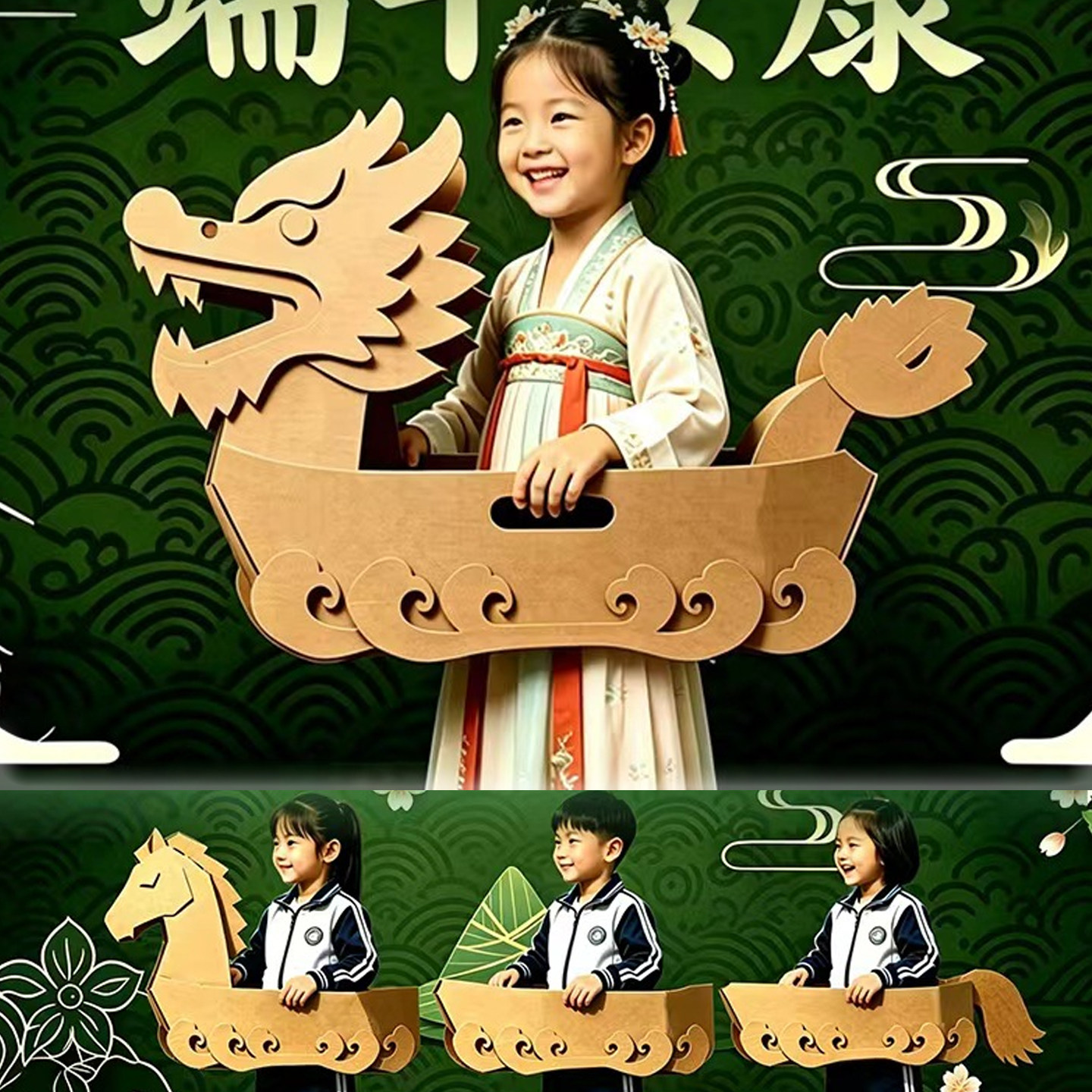 手工端午节玩具儿童龙舟马可穿戴纸壳板制作DIY涂色幼儿园纸箱盒
