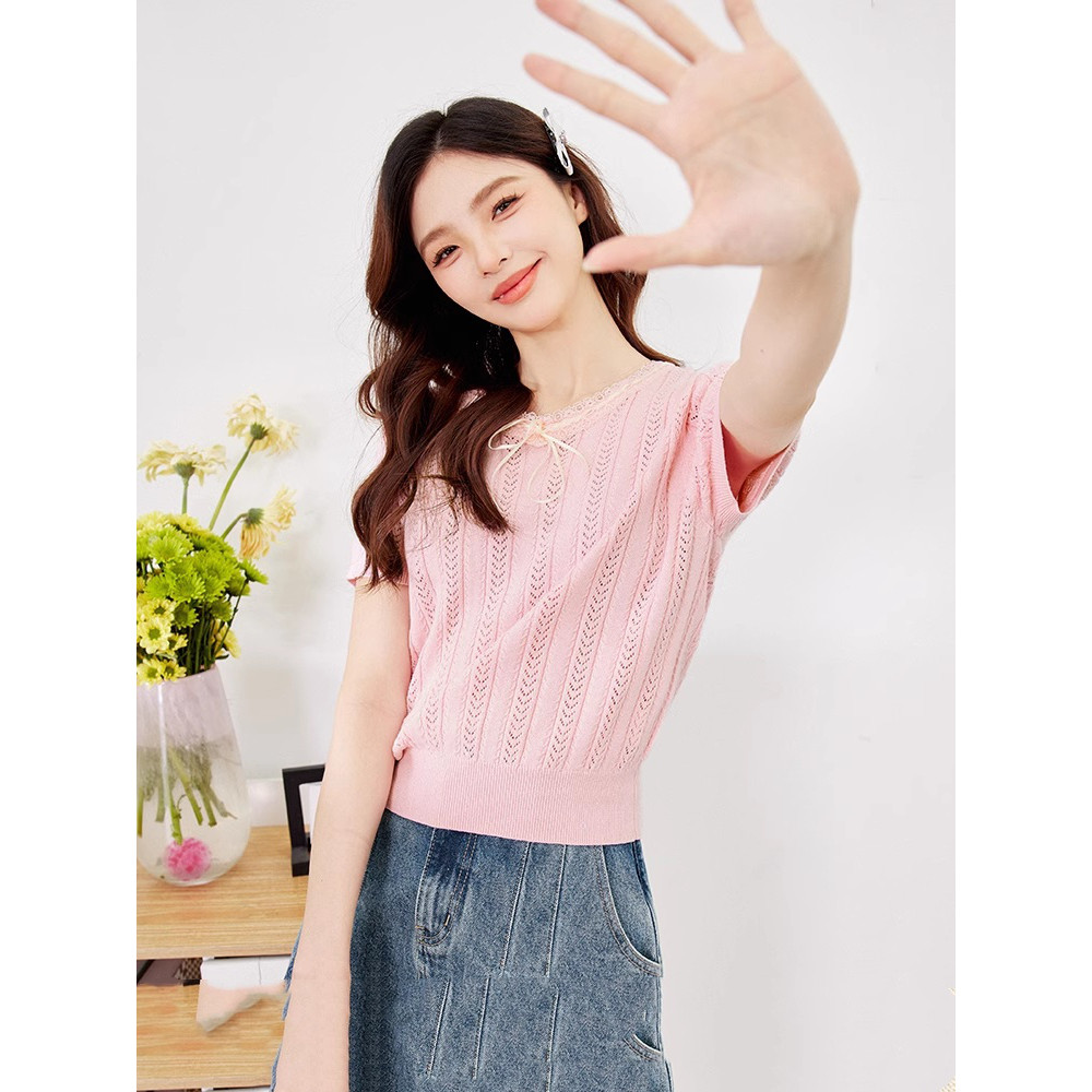 圆领甜美蕾丝蝴蝶结针织衫2025年夏新款别致纯棉短袖套头上衣女