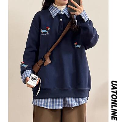 UATONLINE冬季美式小狗刺绣拼接格子假两件学院风加绒加厚卫衣女