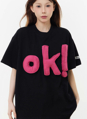 cuwu国潮美式ok字母立体刺绣短袖t恤女男夏季宽松休闲情侣装上衣