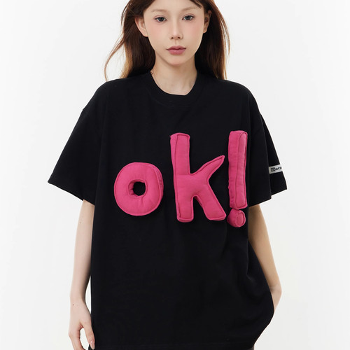 cuwu国潮美式ok字母立体刺绣短袖t恤女男夏季宽松休闲情侣装上衣