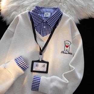 美式小狗格子polo领假两件卫衣女秋冬2024新款韩系慵懒风加绒外套