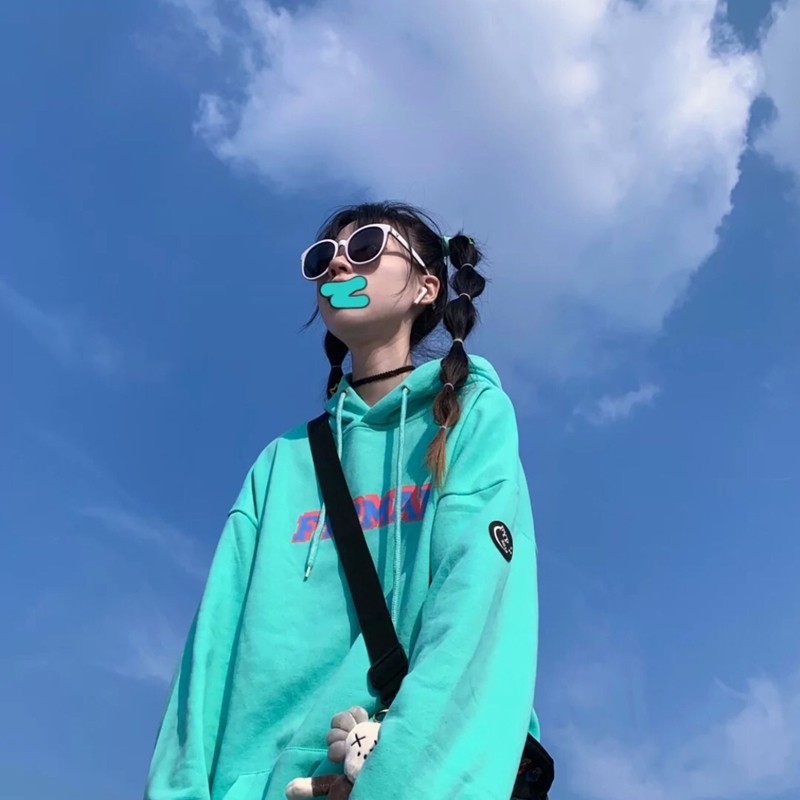 ARUO秋冬慵懒风蓝绿色简约印花连帽卫衣男女情侣同款潮牌宽松帽衫