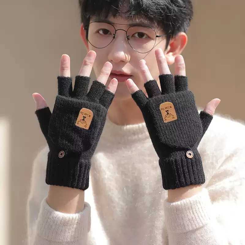 手套男冬天半指情侣学生写字露指韩版秋冬季针织毛线翻盖骑行保暖