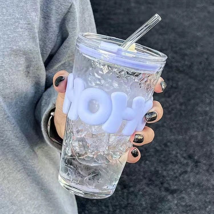 高颜值碎冰吸管杯玻璃水杯家用大玻璃杯