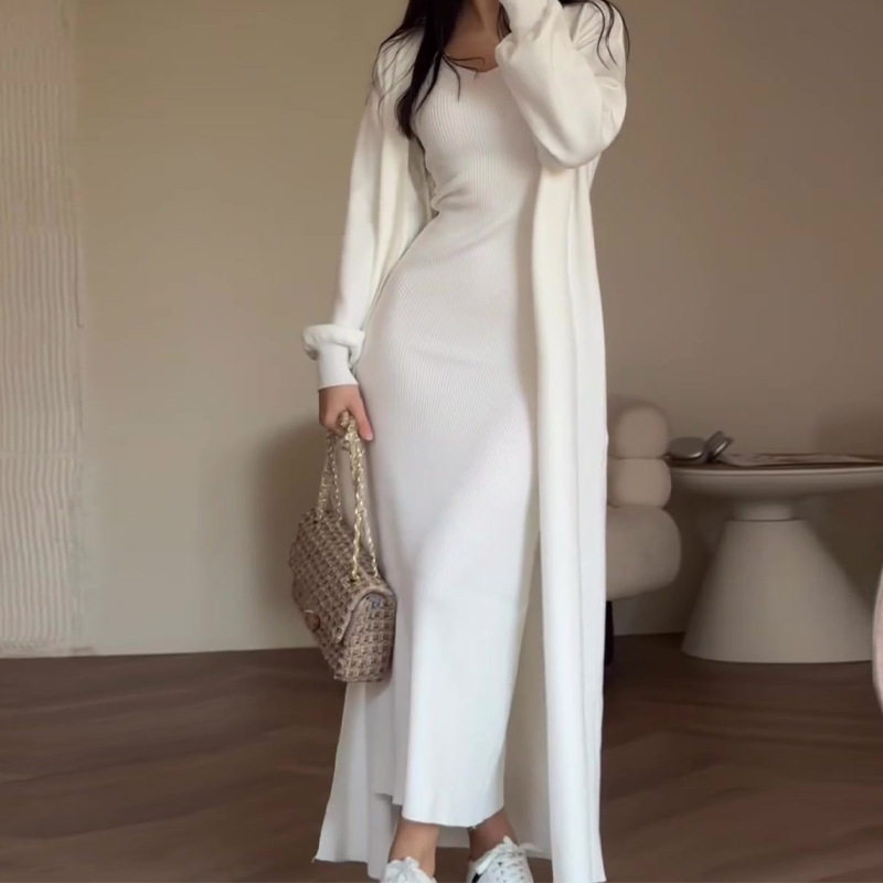women clothes秋季新款欧美跨境纯色慵懒风修身针织衫过膝长裙套