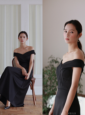 veils气质简约黑色白色一字肩法式礼服显瘦修身婚礼连衣裙敬酒服
