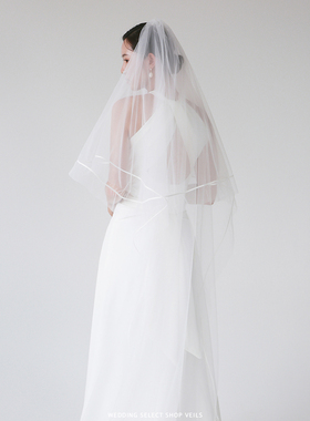 Veils新款简约手工白色缎带拖尾双层遮面头纱高级感新娘婚礼主纱