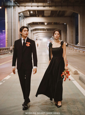 Veils简约气质黑色修身蝴蝶结飘带轻婚纱高级感显瘦结婚领证礼服