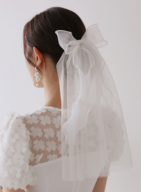 Veils波浪可爱蓬蓬蝴蝶结短头纱白色黑色结婚领证旅拍发饰发夹