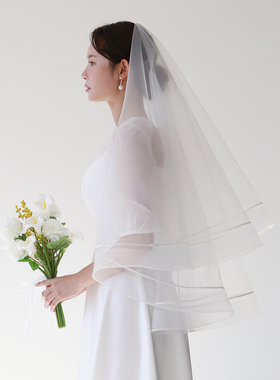 Veils高端简约品质感白色缎带气质头纱新娘婚礼头饰