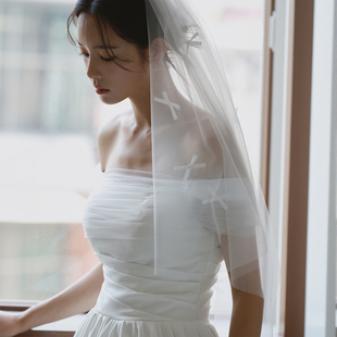 Veils精工手缝白色双层蝴蝶结高清新娘头纱中长款领证旅拍头饰