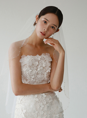 Veils波浪边水晶串珠简约手工头纱原创设计气质新娘婚礼领证发饰