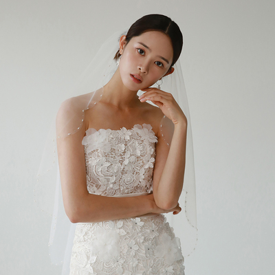 Veils波浪边水晶串珠手工头纱