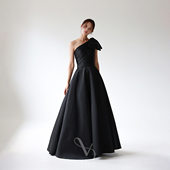 Veils设计师款 黑色简约斜肩单肩蝴蝶结修身 显瘦主持演出晚会礼服