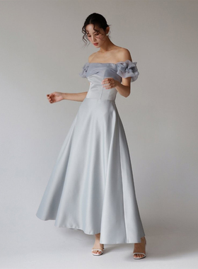 Veils雾霾蓝简约修身高腰气质小礼服欧根纱一字肩成人礼伴娘裙