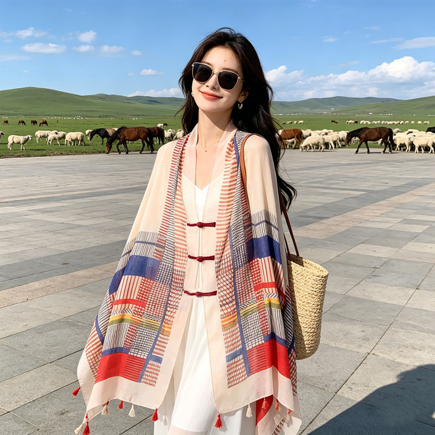 多功能防晒披肩夏季民族风外搭空调盘扣防晒薄款旅游沙滩上衣披肩