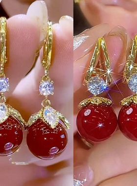 新款复古红色珠珠耳环女