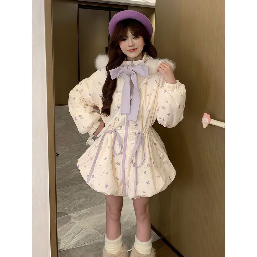 【紫芋丁香】甜美风碎花中长款棉服小个子冬季保暖清新抽绳外套女
