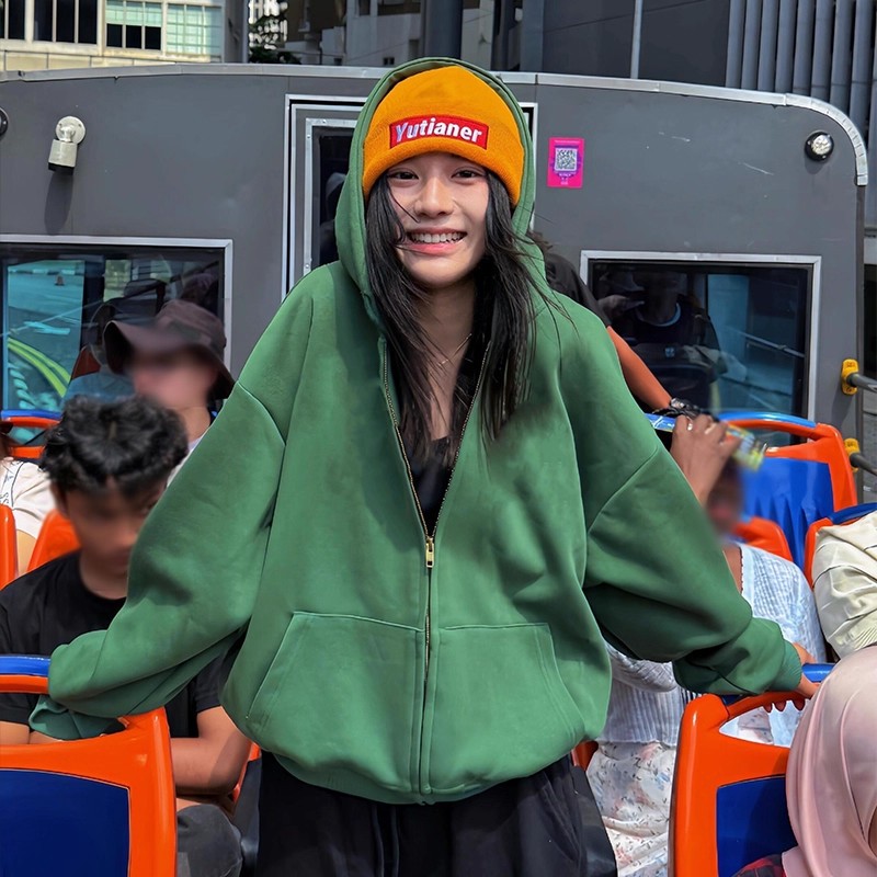 墨绿色连帽卫衣外套女2025新款早秋季拉链开衫美式慵懒风chic上衣