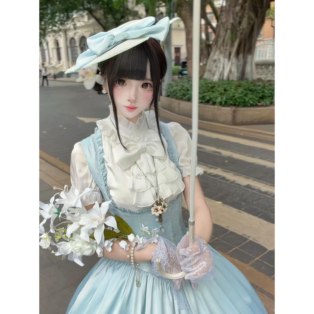 绮丽极夜 夏季日系复古Lolita设计感衬衫收腰背带裙森女系两件套