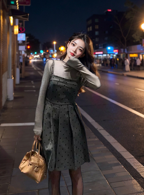 韩系复古千金感灰色长短款波点背心吊带连衣裙收腰显瘦小个子套装