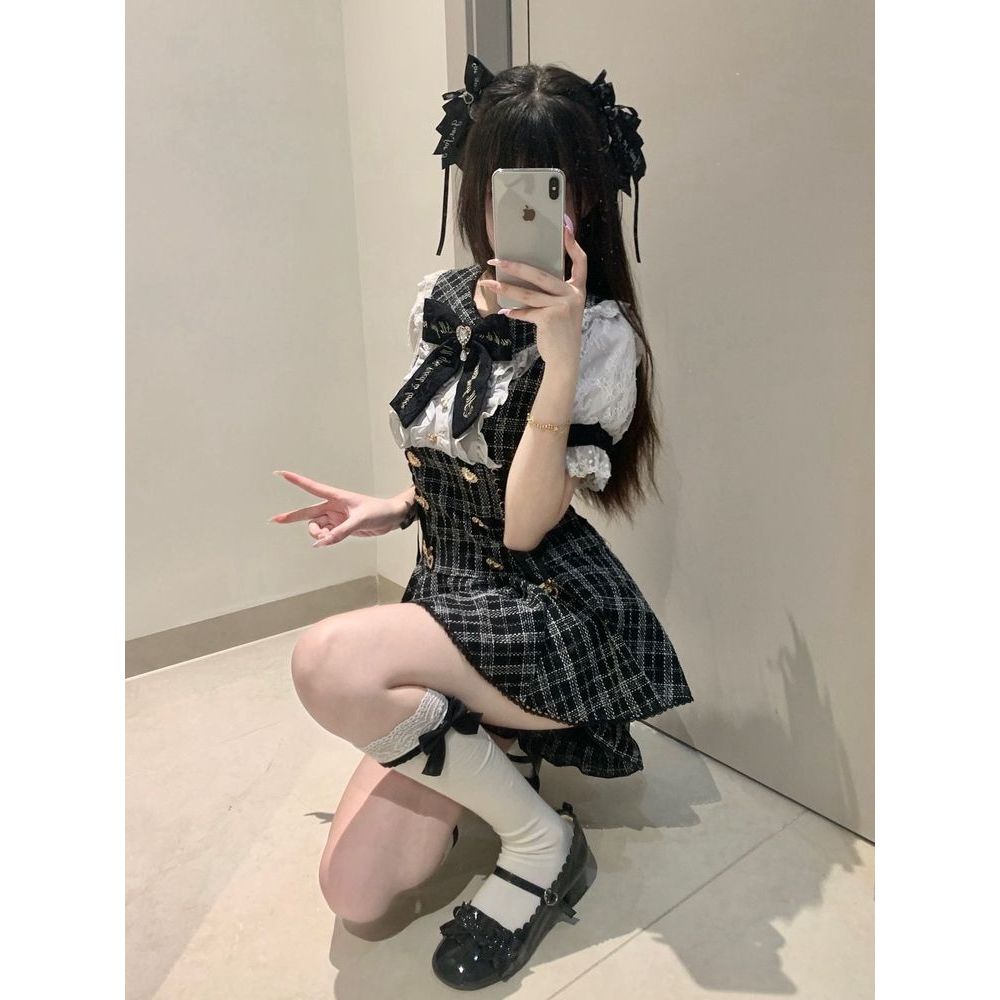 日系少女感气质小香风套装泡泡短袖衬衫假两件连衣裙短裤两件套装