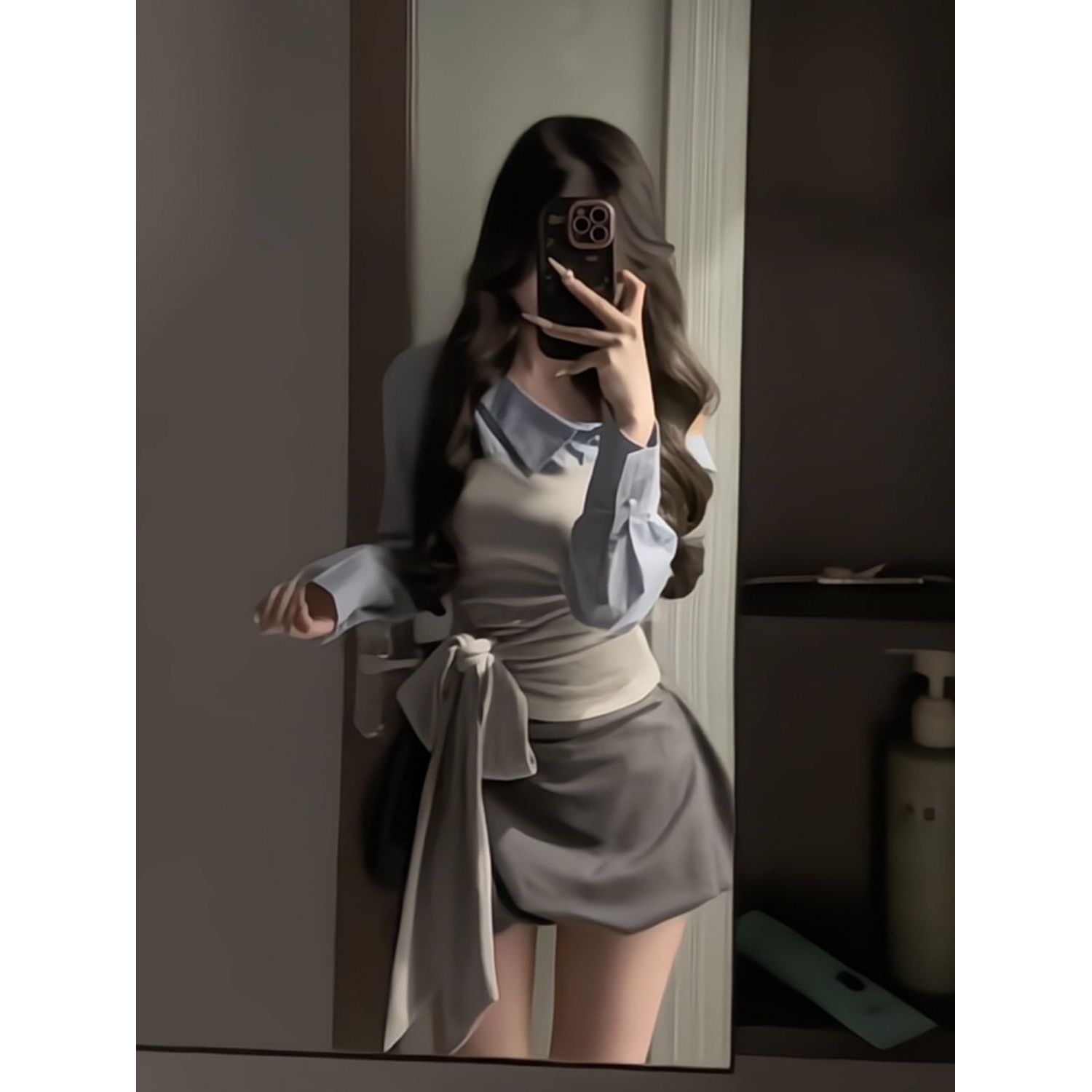 少女的轻盈 甜酷蝴蝶结绑带一字肩斜肩撞色衬衫+花苞裙裤套装女