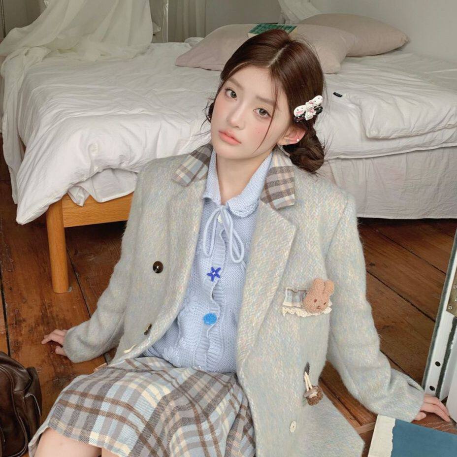 泉野薰冬季新款格纹毛呢西装半身裙套装学院风小众高级感呢子外套