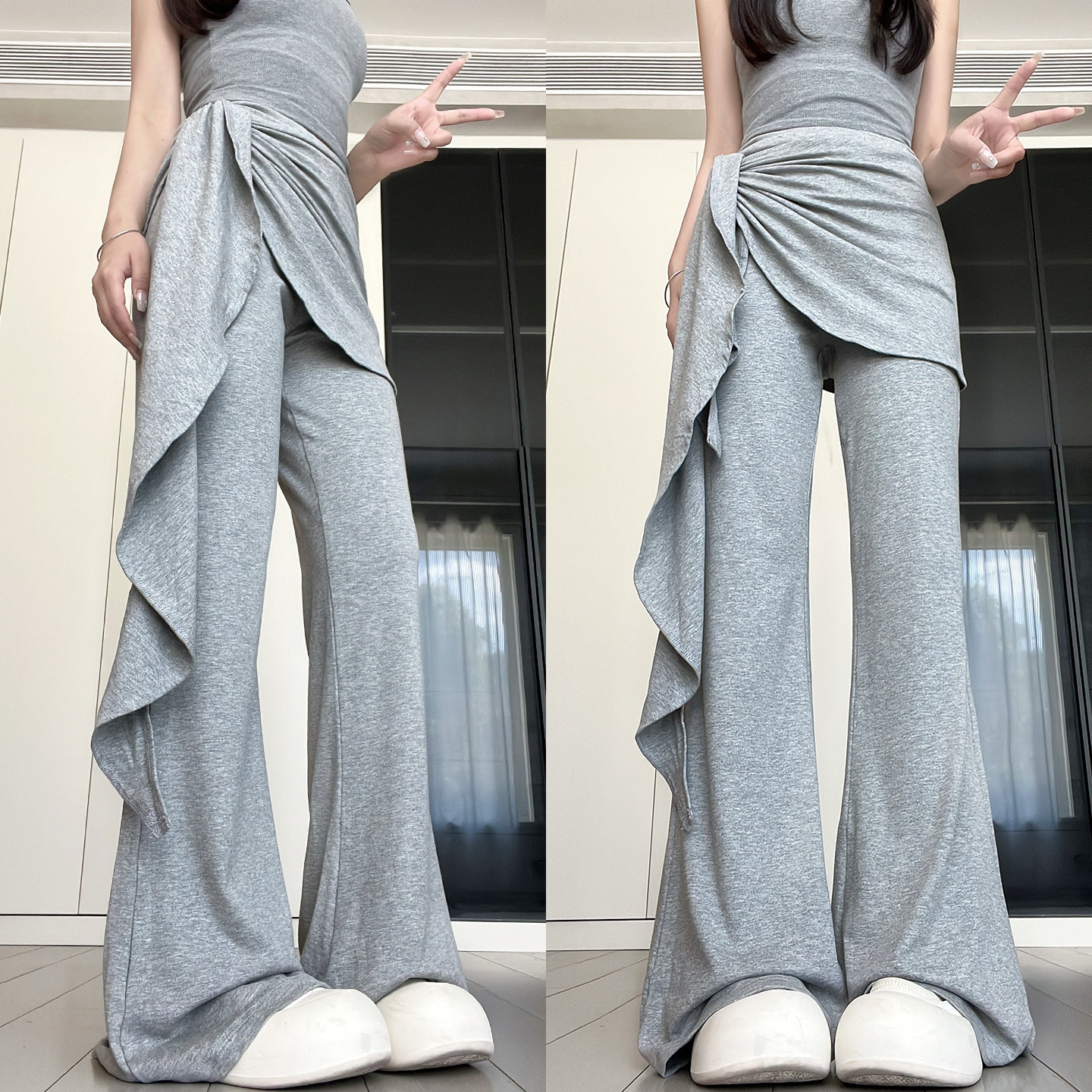 灰色假两件屁帘微喇裤女