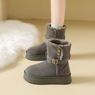 两穿中筒棉靴子 加绒加厚增高厚底东北雪地棉鞋 灰色雪地靴女款 冬季