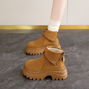 松糕厚底皮毛一体中筒防寒短靴 加绒加厚东北大棉鞋 雪地靴女款 冬季