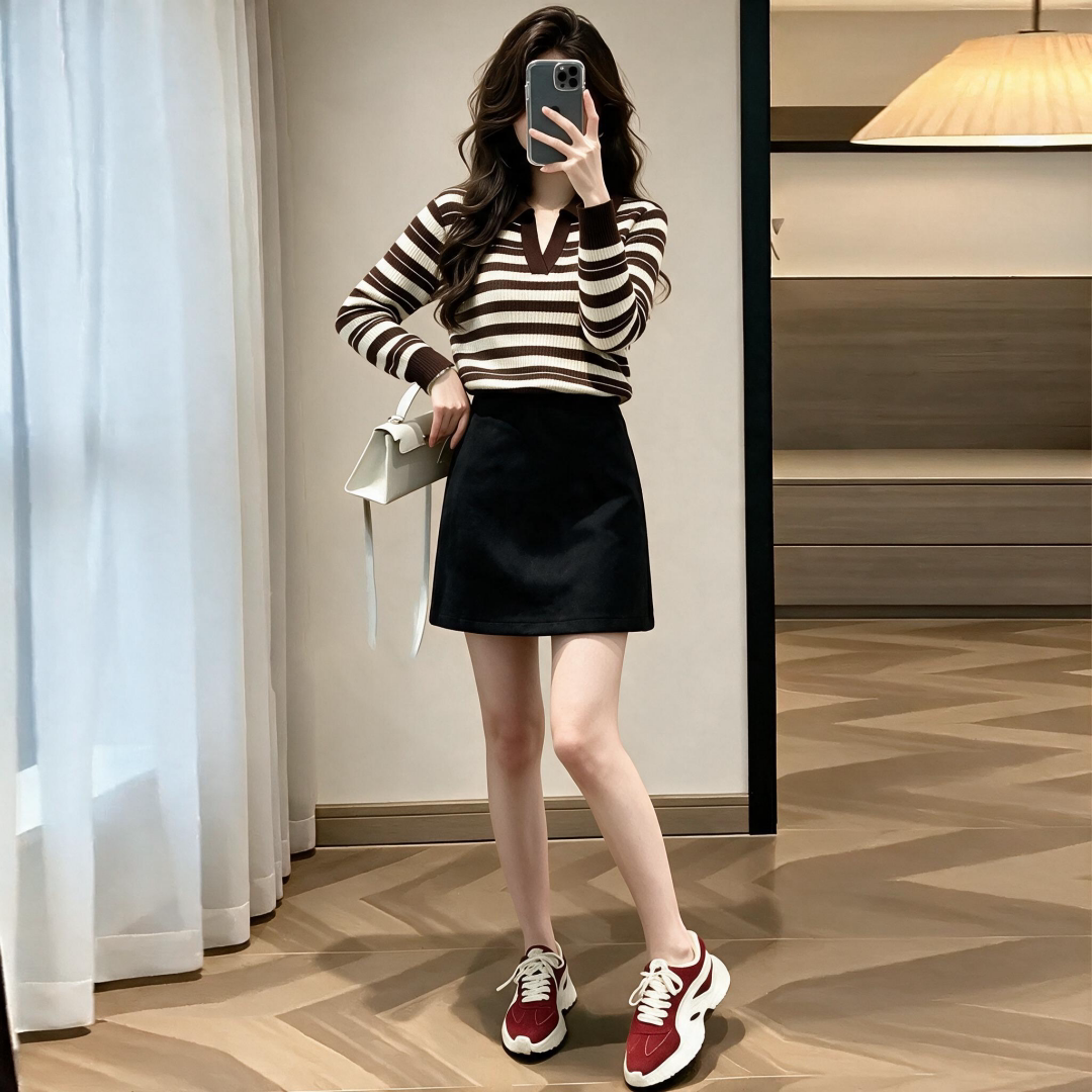 复古条纹麂皮绒秋季女两件套
