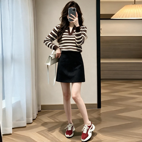 复古条纹麂皮绒秋季女两件套
