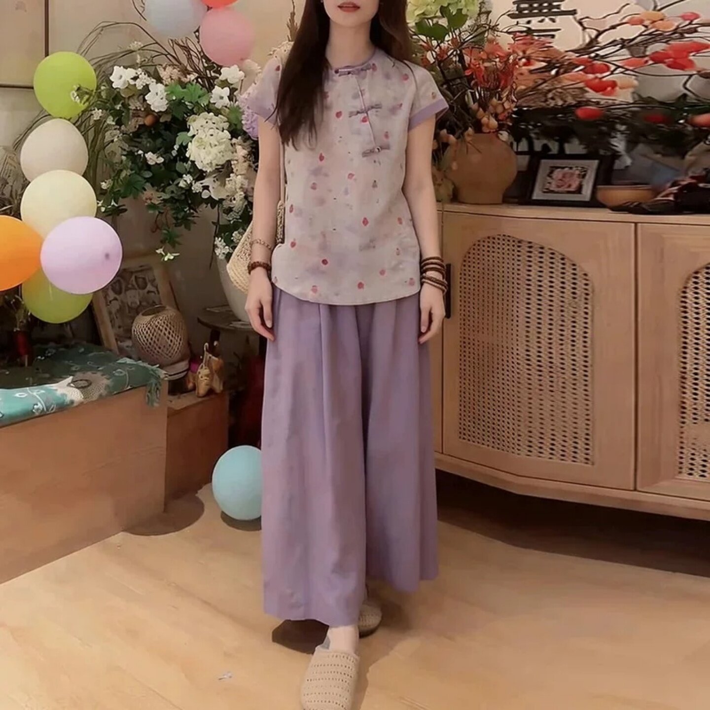 夏季新中式盘扣碎花阔腿裤两件套