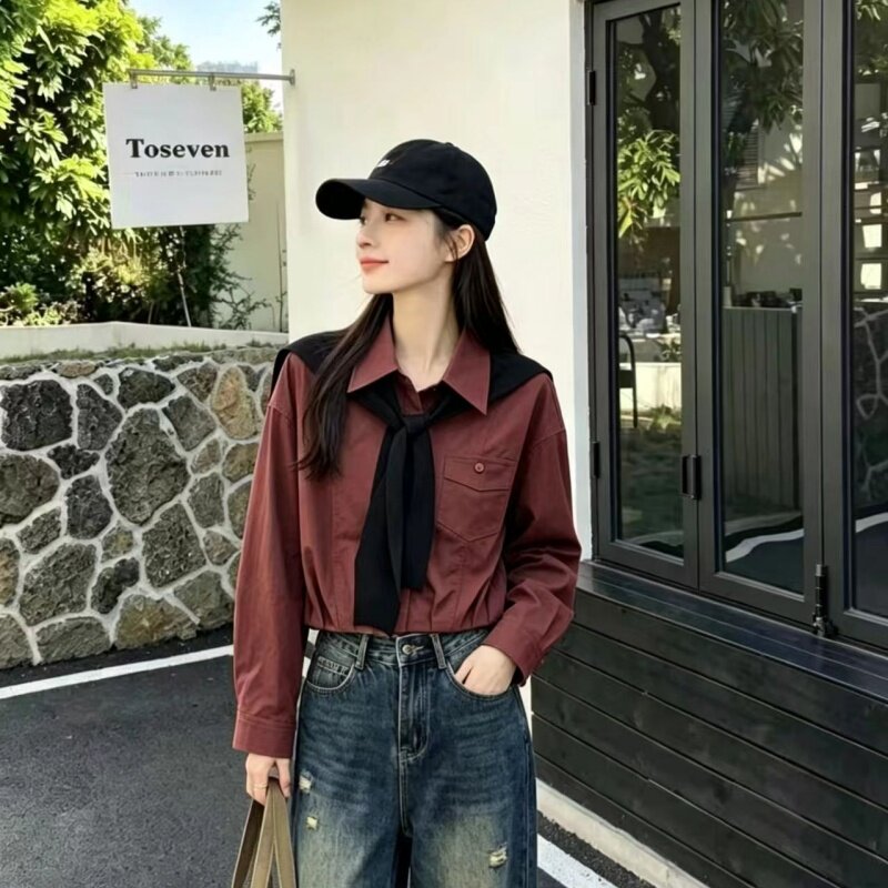 秋季新款披肩式长袖显瘦衬衫女