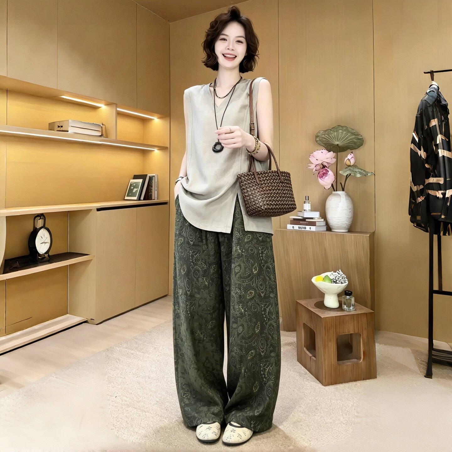 夏季无袖印花裤女装两件套