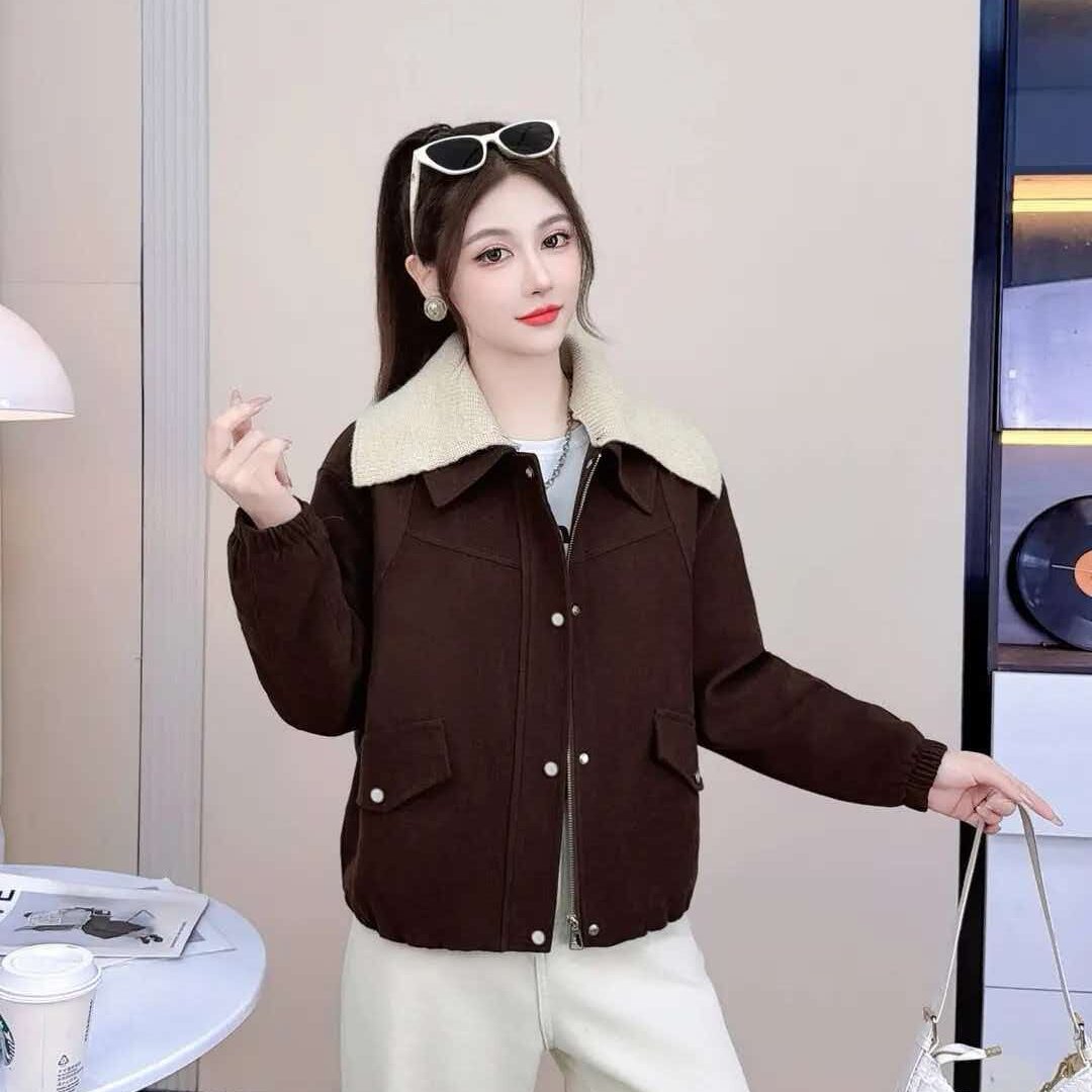 休闲翻领拼接短外套女显瘦百搭