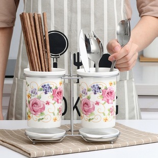 创意防霉多孔沥水筷子盒韩式 陶瓷双筒筷子筒筷子笼架厨房收纳带