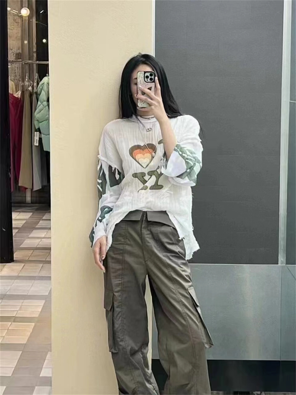 OPENYY爱心印花拼接长袖T恤