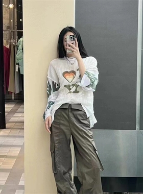 OPEN YY24春季新款爱心印花拼接长袖T恤休闲百搭罩衫上衣女openyy