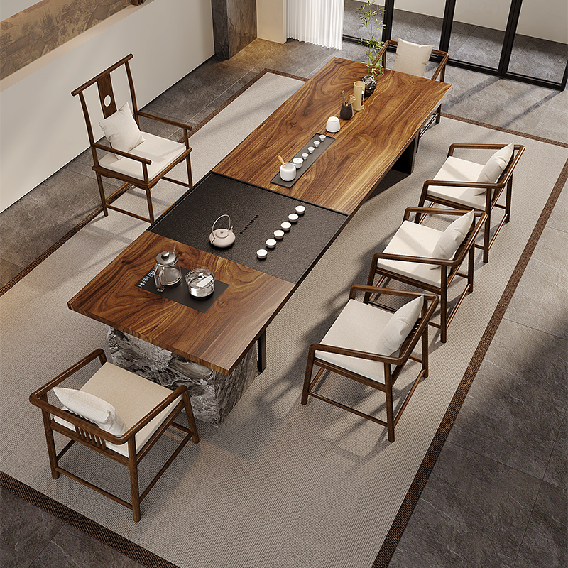 高端南美胡桃新中式实木茶桌椅组合功夫茶台办公室客厅大型泡茶桌