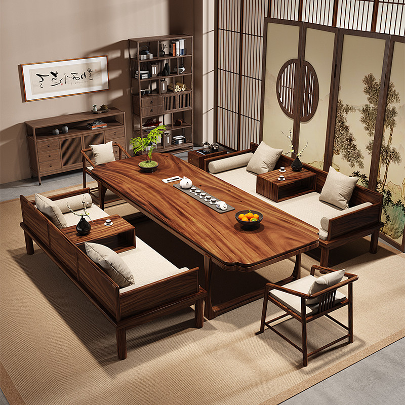 真南美胡桃木新中式实木大板茶桌罗汉床组合办公家用禅意茶几茶台